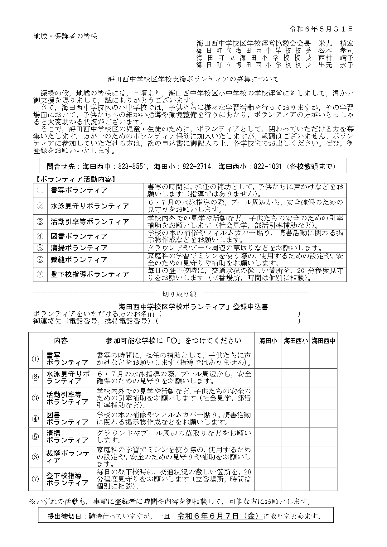 学校支援ボランティアの募集について